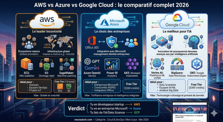 AWS vs Azure vs Google Cloud : comparatif complet 2026 (prix, services, usage)