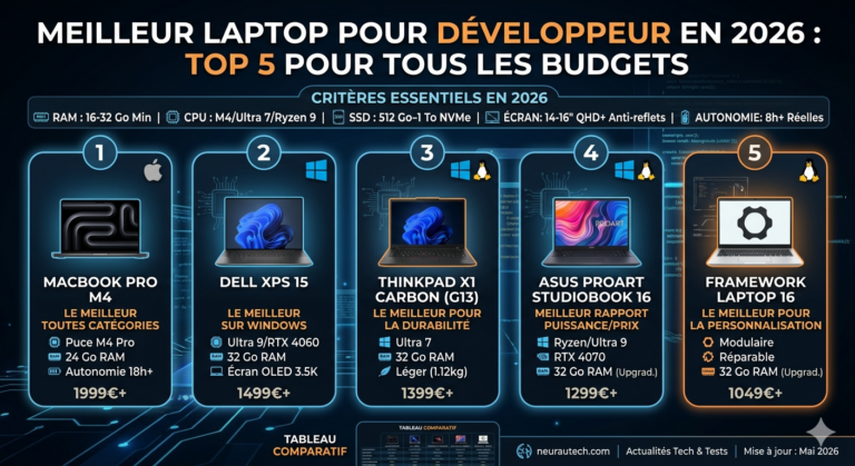 Meilleur laptop pour développeur en 2026 : top 5 (tous budgets)