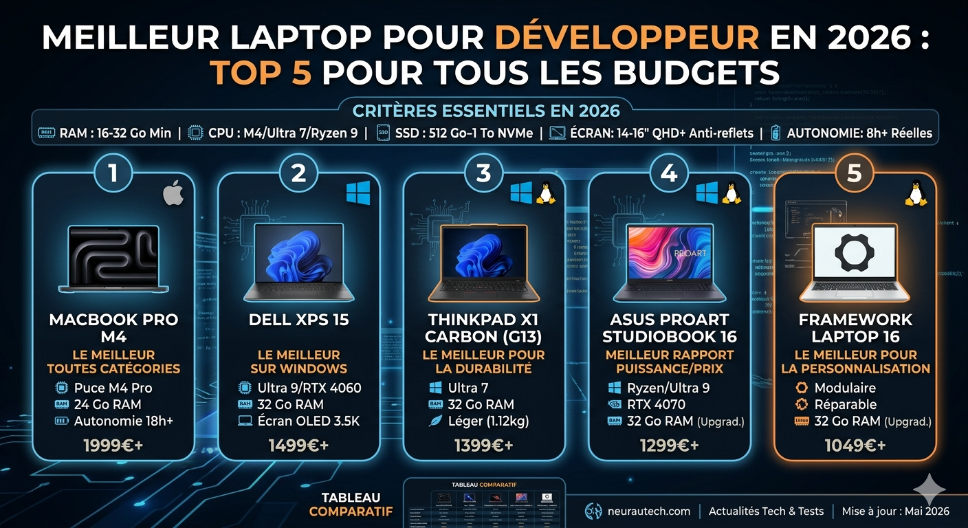 Meilleur laptop pour développeur en 2026 : top 5 (tous budgets)