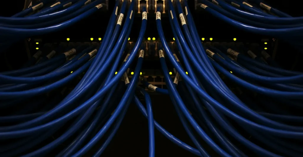 Câbles réseau bleus branchés sur une baie de serveurs, image du rôle d'aiguillage d'un reverse proxy